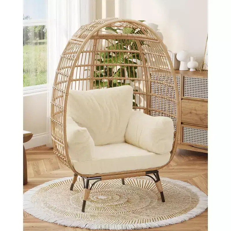 360 Swivel Egg Chair with Cushions, Indoor Outdoor Wicker Egg Basket Lounge Chair for Patio Porch Living Room, All Weather Resistance