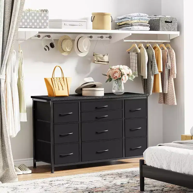 Fabric Dresser with 10 Storage Drawer for Bedroom,55 TV Stand with Power Outlet,Sturdy Metal Frame, Wood Tabletop for Guest Room, Closet, Entryway