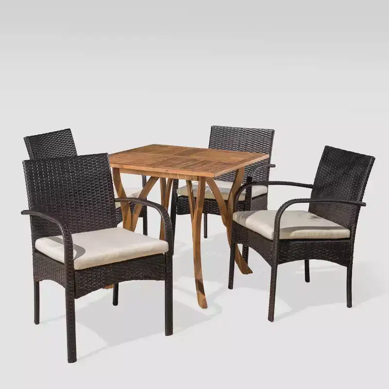 Hartford 5pc Acacia Wood and Wicker Dining Set - Teak/Cream - Christopher Knight Home: Weather-Resistant, 4 Arm Chairs & Square Table