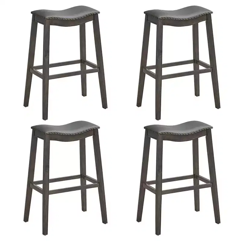 Set of 4 Saddle Bar Stools with Rubberwood Legs & PVC Leather Seats - 29