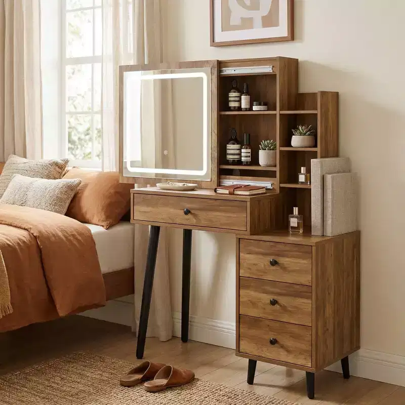 Makeup Vanity Desk with Sliding Mirror and Storage Shelves, Modern Dressing Table with Drawers for Bedroom Makeup Table with Storage