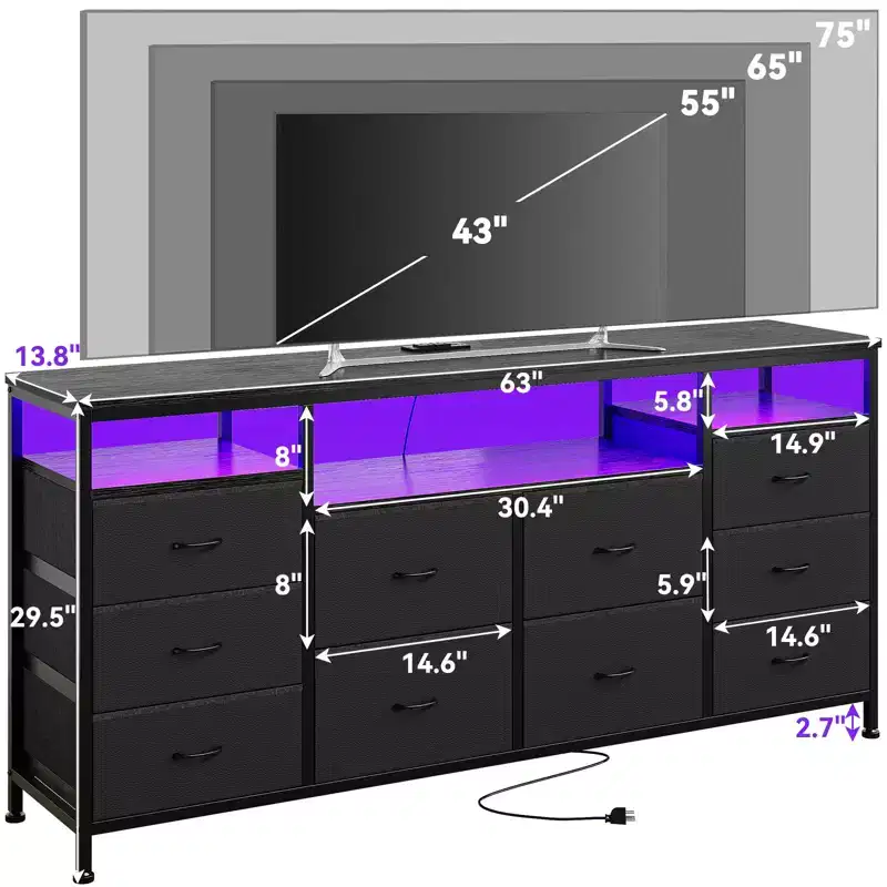 TV Stand with 10 Fabric Drawers for 65/70/75 Inch TVs, 63 Wide Entertainment Center with LED Lights & Power Outlets