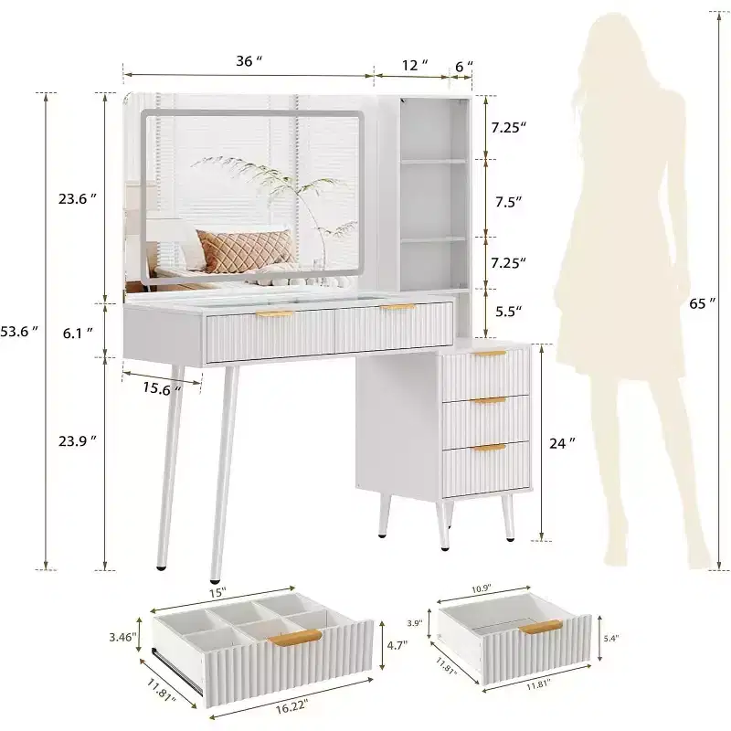 GustoWave 5 Drawers Vanity Desk, Makeup Dressing Table with Built-in USB Outlet Charging Station
