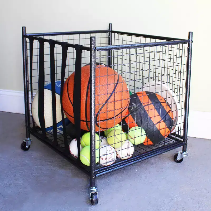 Steel Gray Rolling Sports Ball Storage Cart – For 2–4 People