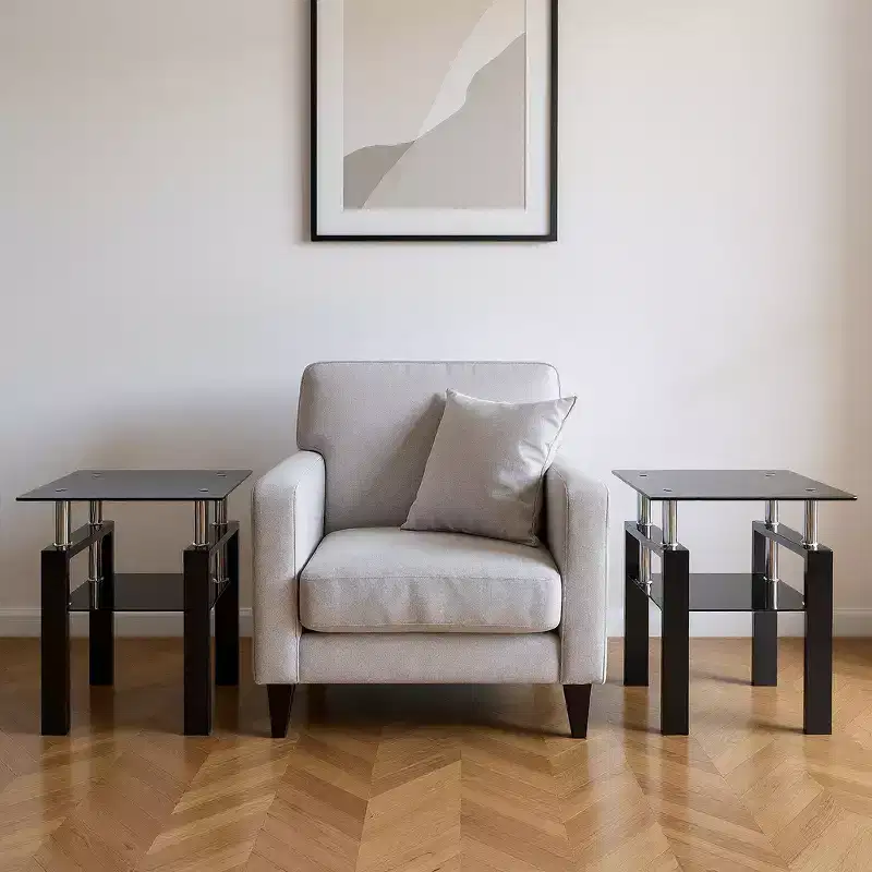 HomeRoots Set of Two Black Glass and Metal Square End Tables With Shelf
