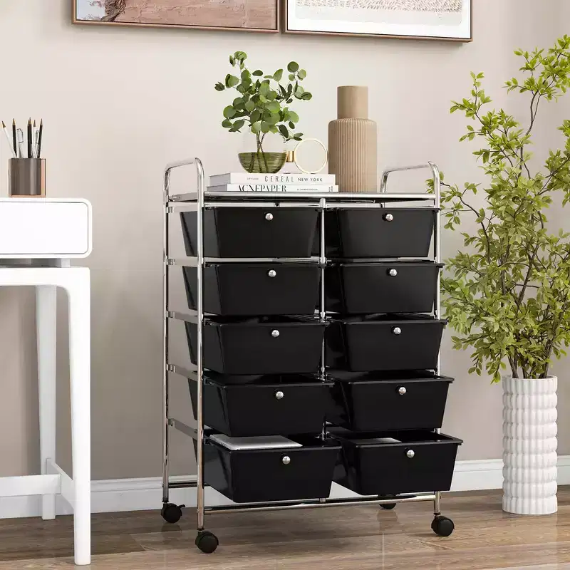 Costway 10-Drawer Storage Cart Utility Rolling Trolley Kitchen Office Organizer Black/Clear/Macaron/Grey/Black Gardient/Multicolor/Pink/RainbowithWhite/Hot Pink/Skin Pink/Purple