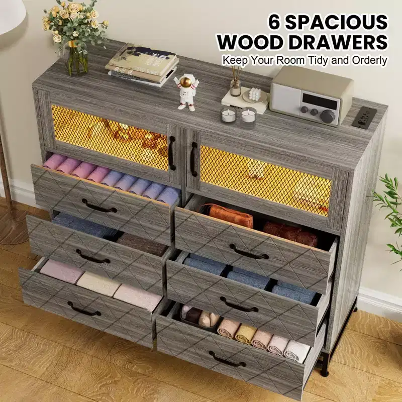 Modern 6 Drawer Dresser,LED Dresser with Charging Port, 6-Drawer Wood Chest with Open Shelf, Multifunctional Wide Storage Cabinet for Bedroom