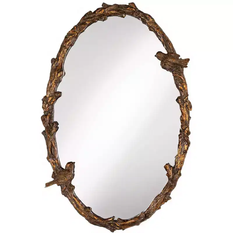 Oval Wall Mirror, Antique Gold Leaf & Gray Iron Frame, Love Birds & Vine Motif, 23
