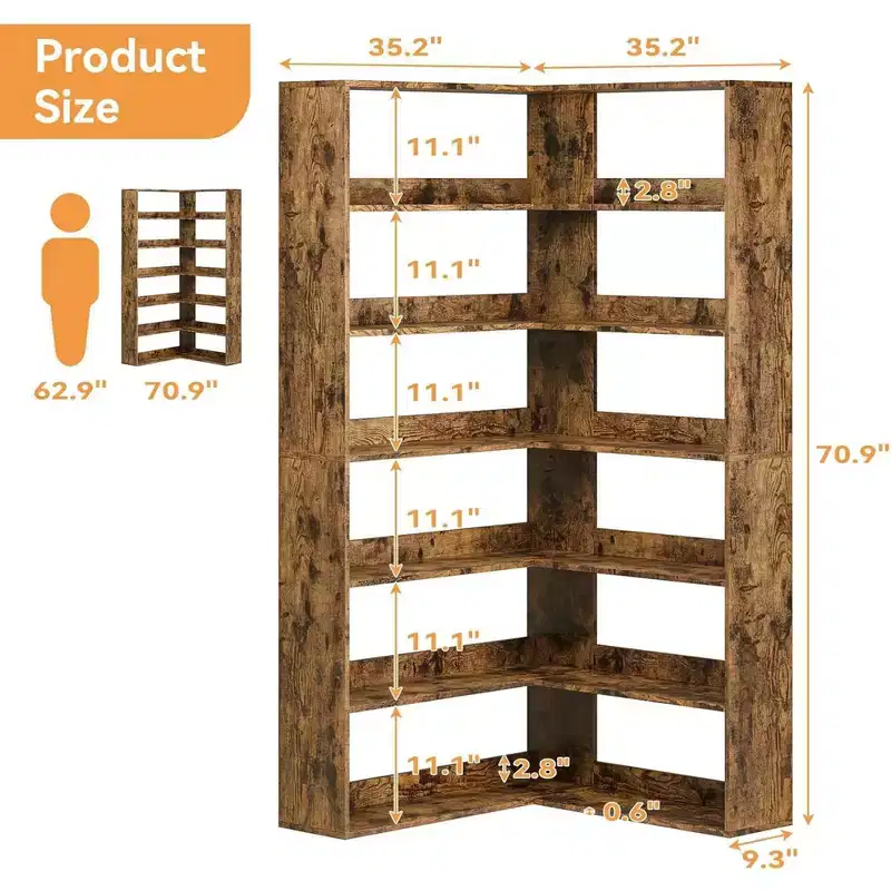 Industrial Corner Bookcase - 6-Tier Heavy Duty L-Shaped Storage Unit with Baffles & Wood Shelves, 80lb/Shelf Capacity for Home Office
