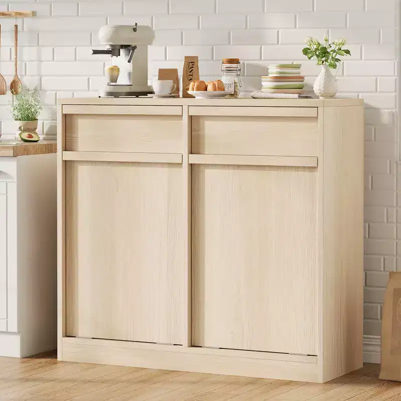 Double Tilt Out Trash Cabinet, Natural Oak Trash Cabinet with 20 Gallon Storage & 2 Drawers, Hidden Garbage Cabinet Laundry Hamper