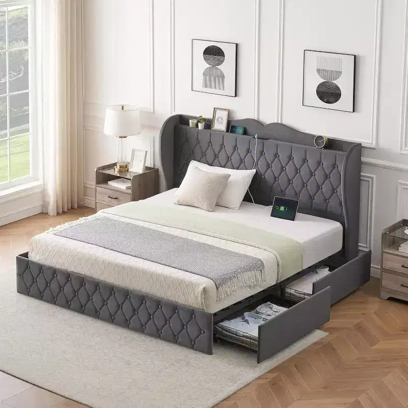 Velvet Upholstered Bed Frame with 4 Storage Drawers & Charging Station, Diamond Button-Tufted Design