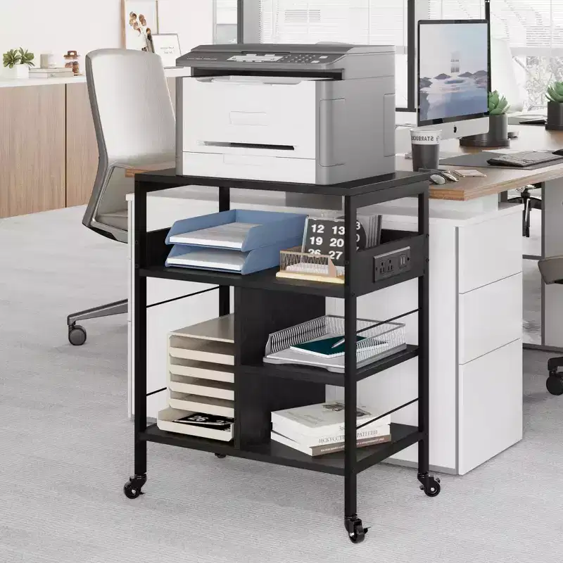 3-Tier Mobile Printer Stand with Charging Station & Storage Shelf - Rolling Desk Organizer for Home Office, Kitchen,Living Room