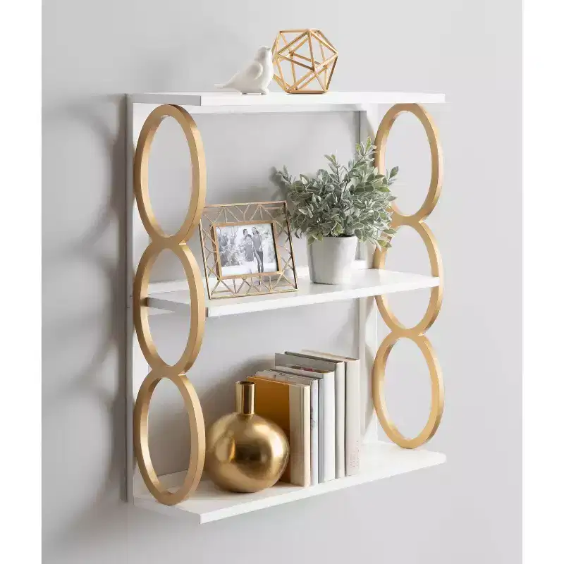 28x8x31 Inch Ring Wooden 3-Tier Floating Wall Shelf in White Mid-Century Storage Display