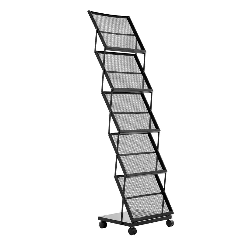 Brochure Display Rack, Foldable 5 Pockets Magazine Literature Display Stand, Movable Floor Standing Magazine Rack with Wheels, Black