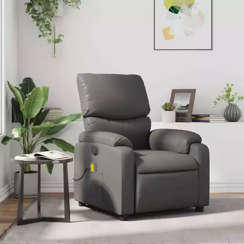 vidaXL Leather Massage Recliner Chair for Living Room, Home Theater, 6-Point Vibration Massage, Adjustable Back & Footrest, Side Pocket, Gray