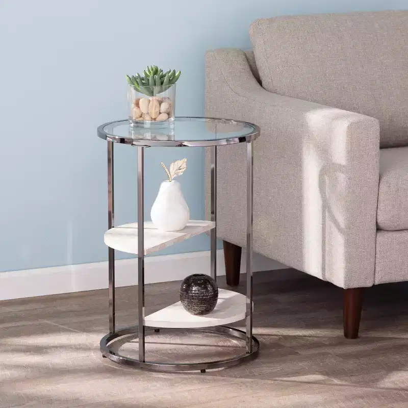 Round Contemporary Side Table with Faux Travertine Shelves & Tempered Glass Top, Black, 17