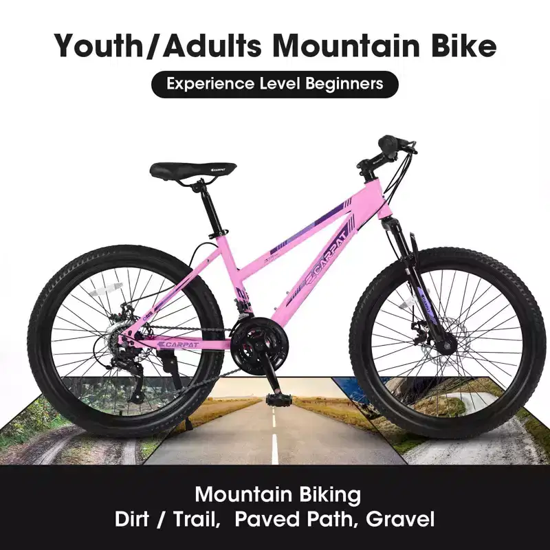 NAYSAYE Bicycle 26 Inch Mountain Bike with 21 Speed Shifter Dual Disc Brakes for Teenagers and Women, Pink, 65*24.8*37.4