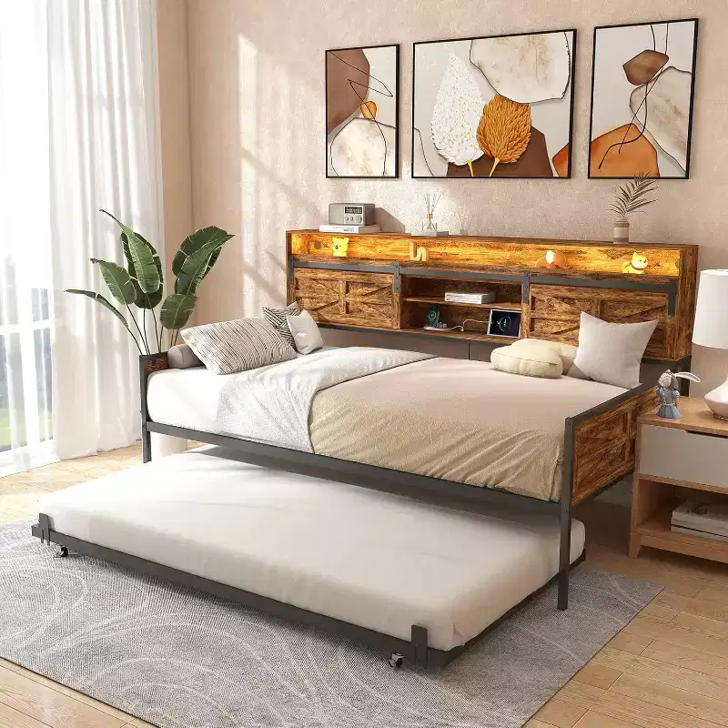Zevemomo Twin Daybed with Trundle, with Sliding Barn Door Headboard LED LightsHeavy Duty Metal Daybed for Living Room Bedroom Guest Room, Brown