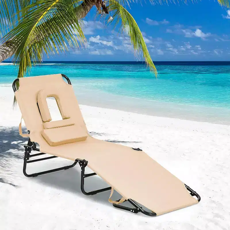 Summit Adventure 5-Position Folding Beach Chair - Padded Pillow & 330LB Capacity, No Assembly (Beige)