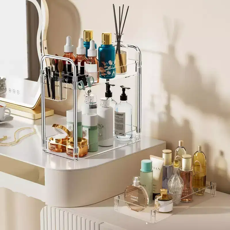 3-Tier Acrylic Rolling Storage Cart with Wheels, Extendable Shelves, Hooks & Cup Holder