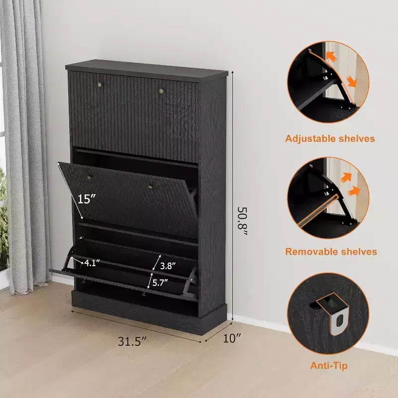 Modern 3-Door Flip-Down Shoe Cabinet with Fluted Design. Adjustable Shelves in a Narrow Freestanding Organizer for Entryway or Hallway.