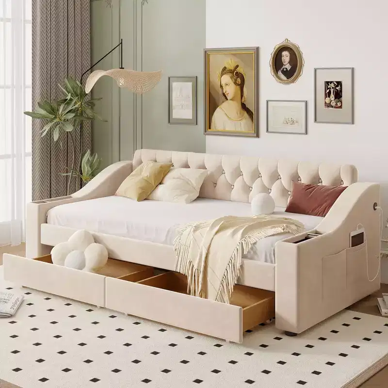 Twin Size Upholstered Daybed with Storage Armrests and USB Port-ModernLuxe