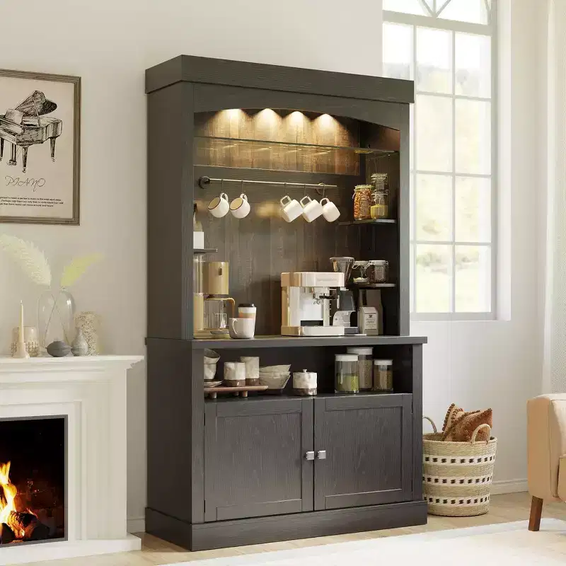 72 Farmhouse Coffee Bar Cabinet with LED Lighting - Tall Buffet Sideboard with Wine Rack & Glass Shelf, Microwave Stand, Pantry for Kitchen/Dining