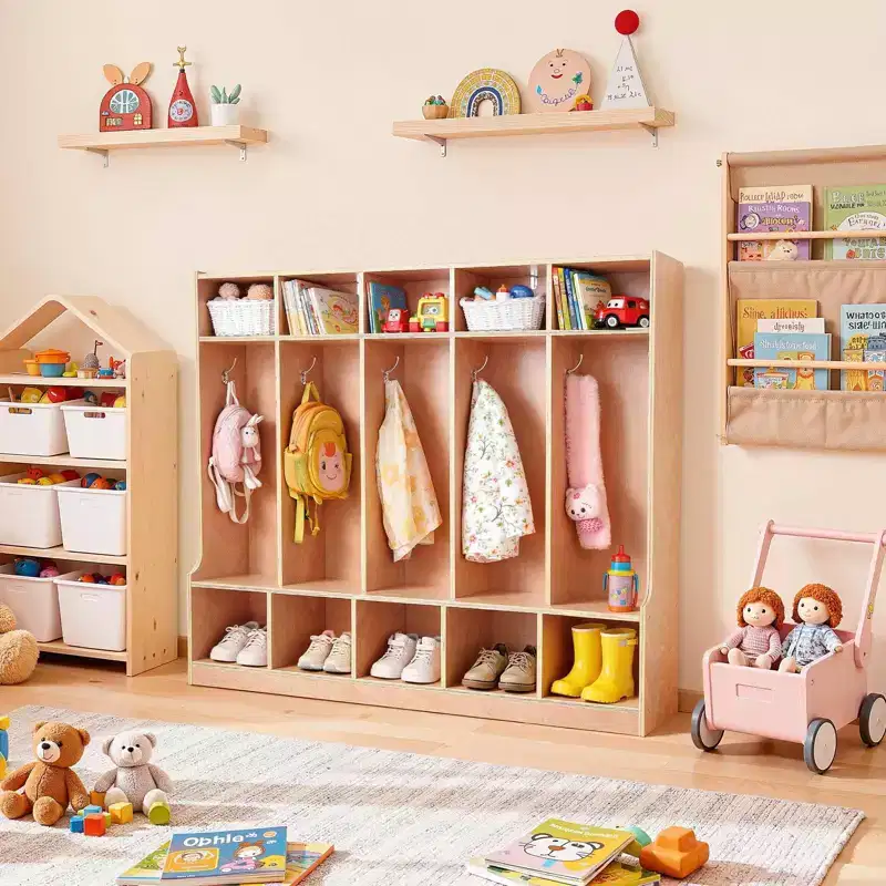 5 Section Kids Coat Locker Wooden Toddler Cubby Storage Organizer with 10 Hooks Non Slip Mat Modern Kid Coat Cubbies