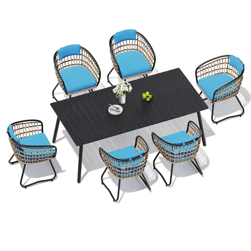 7-Piece Patio Dining Set Outdoor Aluminum Dining Table and PE Rattan Wicker Dining Chairs