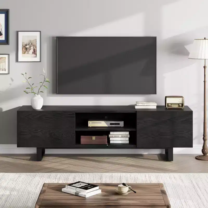 Industrial TV Stand for 80 Inch, Modern Entertainment Center with 2 Drawers, Wooden Media Cabinet, TV Console Table, Black