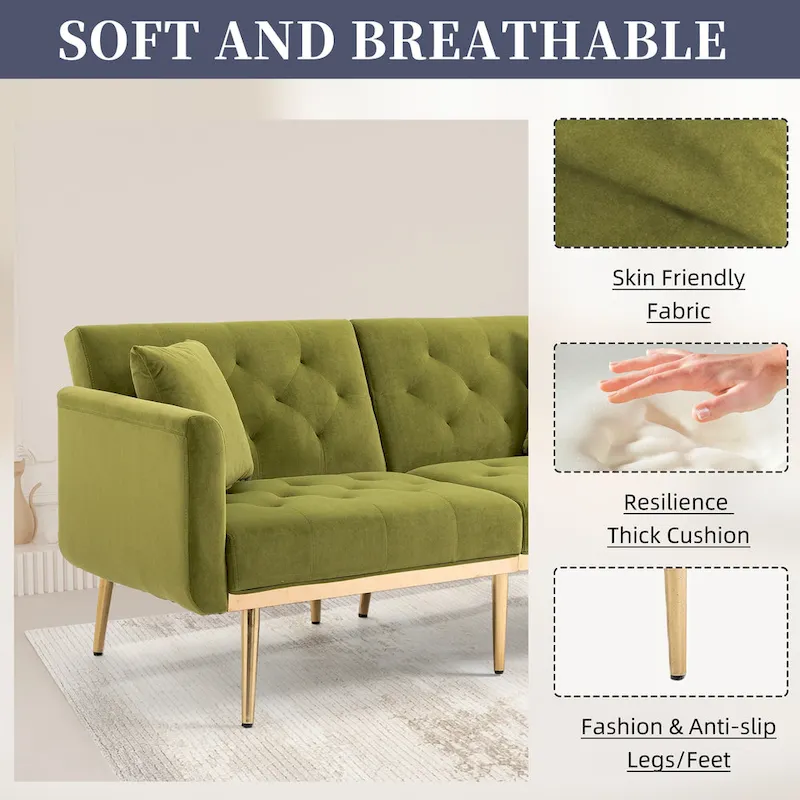 Velvet Upholstered Tufted Loveseats Sleeper Sofa With Rose Golden Legs