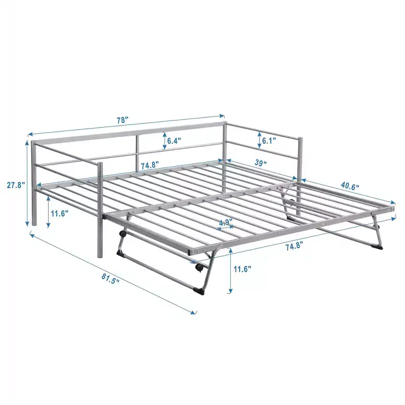 Bellemave Silver Twin Daybed Metal Day Bed Frame with Pop Up Trundle, Metal Sofa Bed with Adjustable Folding Trundle for Bedroom, Living RoomWhite
