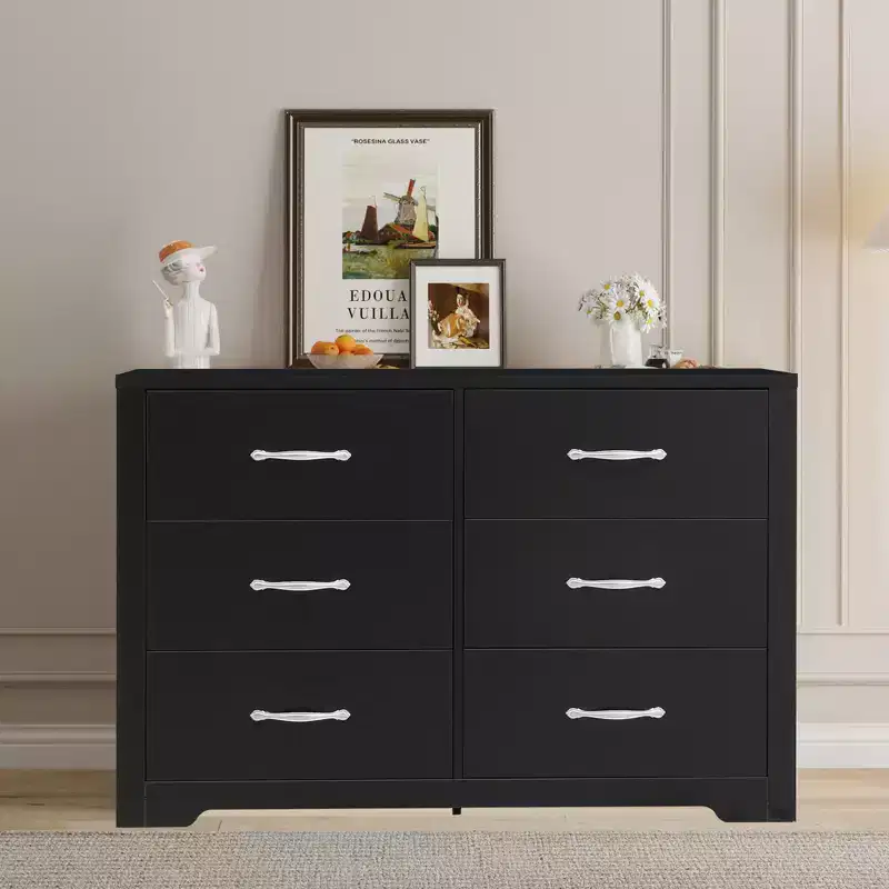 6 Drawer Dresser for Bedroom Modern Chest of Drawers with Metal Handles MDF Natural Wood