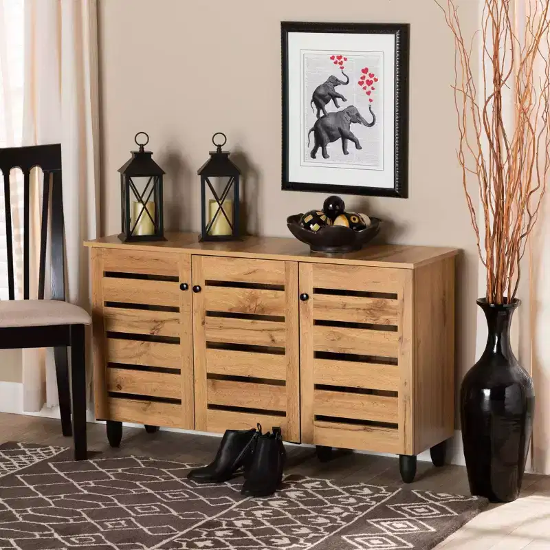 3 Door Shoe Cabinet, Oak Brown/Black - Nautical Style, 6 Fixed Shelves, Wood Frame