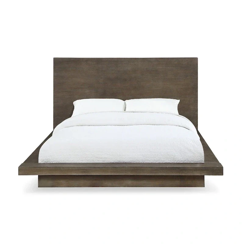 Pine Wood Platform Queen Bed, Plinth Base, Distressed Brown