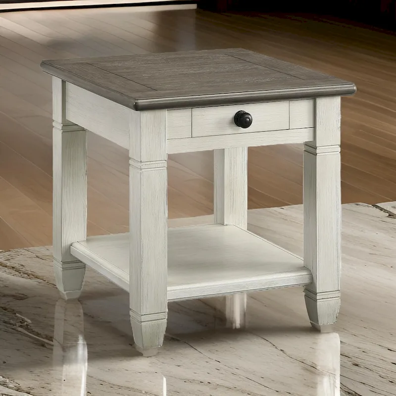 26 Inch Side End Table, Square, 1 Drawer, Brown, White, Solid Wood