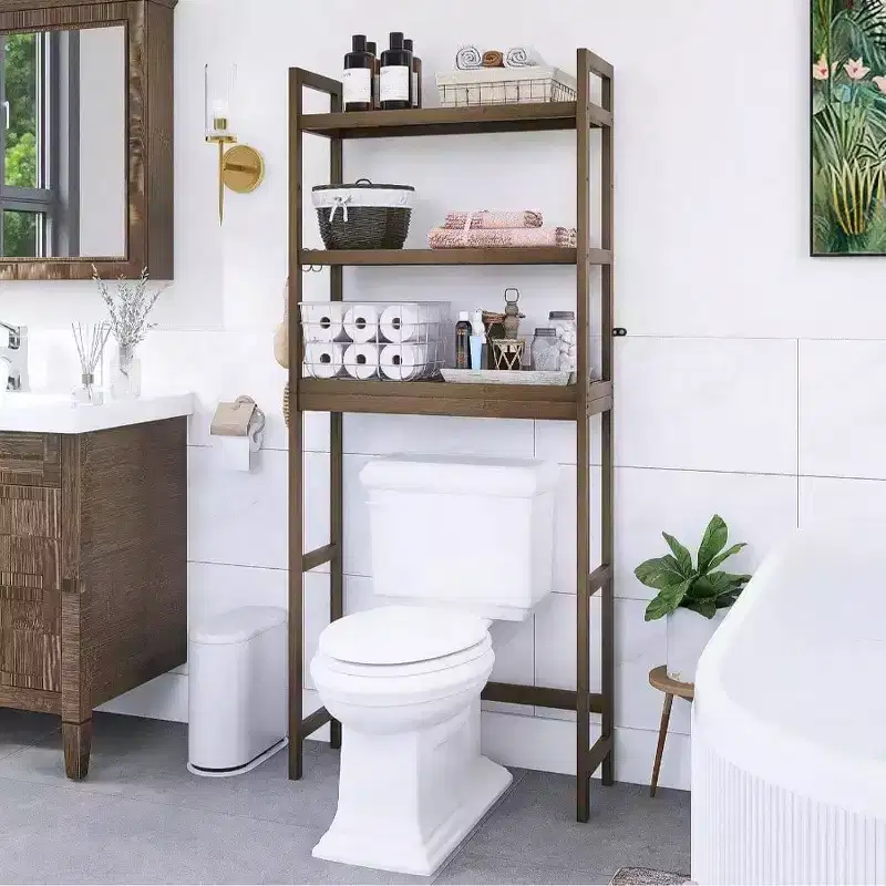 Bathroom Storage Shelf Over - Toilet Organizer Rack Freestanding Toilet Space Saver 3 - Tier Adjustable Shelves Walnut