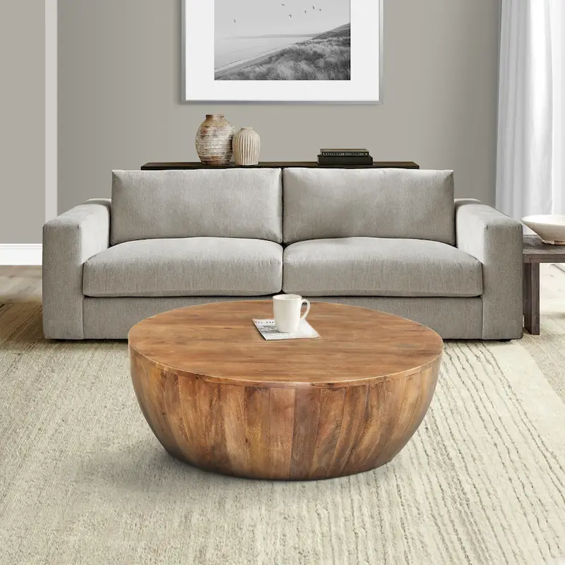 Round Mango Wood Coffee Table with Plank Base, Distressed Brown