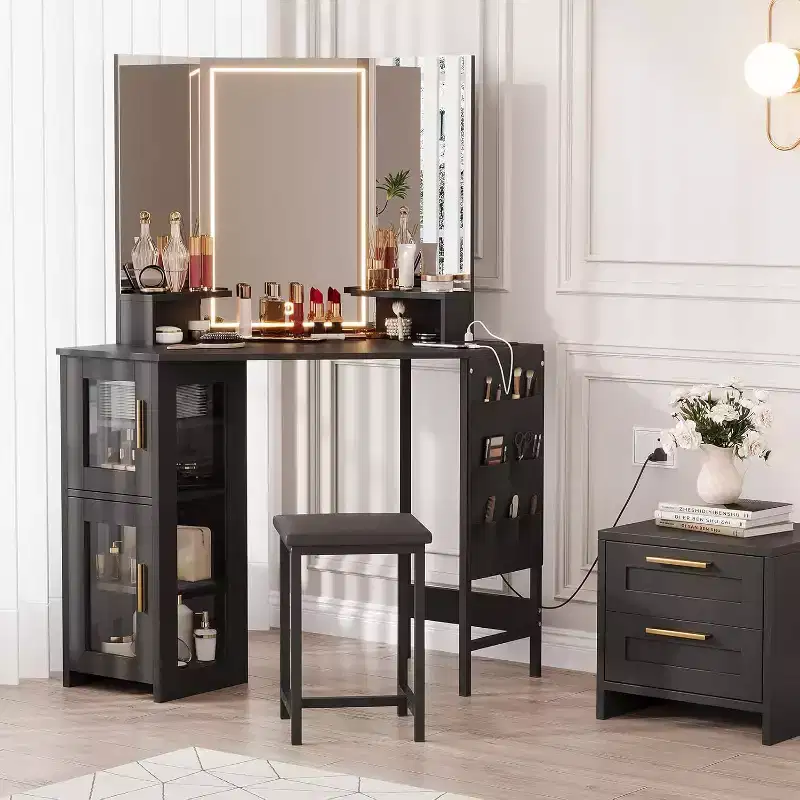Corner Dressing Table with LED Light Mirror, 3 Lighting Modes, Stool, Cabinet and Power Outlet, Modern Dressing Table for Bedroom, Makeup Studio
