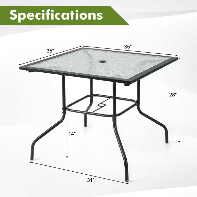 Costway 35'' Patio Dining Table Tempered Glass Top Bistro Table with 1.5'' Umbrella Hole