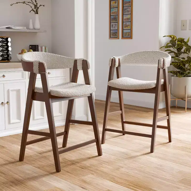 HOMES: Inside + Out Set of 2 Pearlcrest Mid-Century Modern Boucle Upholstered Counter Height Barstool Chairs Walnut