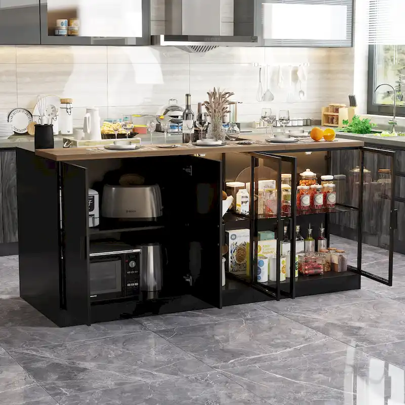 Kitchen Island with Drawers & Glass Cabinets, Converts to Office Desk