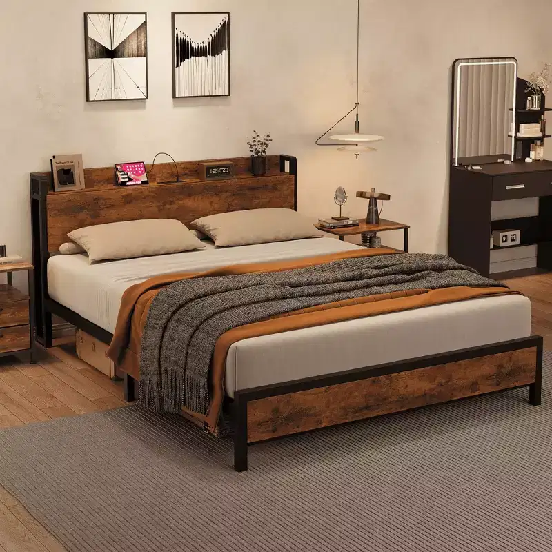 Rustic Industrial Queen Bed FrameHeavy Duty Metal Platform Frame with Wooden HeadboardQueen Size Bed Frame for Bedroom