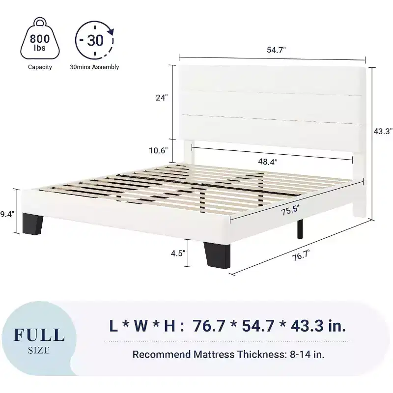 Allewie Velvet Upholstered Bed with Wooden Slats, No Box Spring Needed, Easy Assembly, White