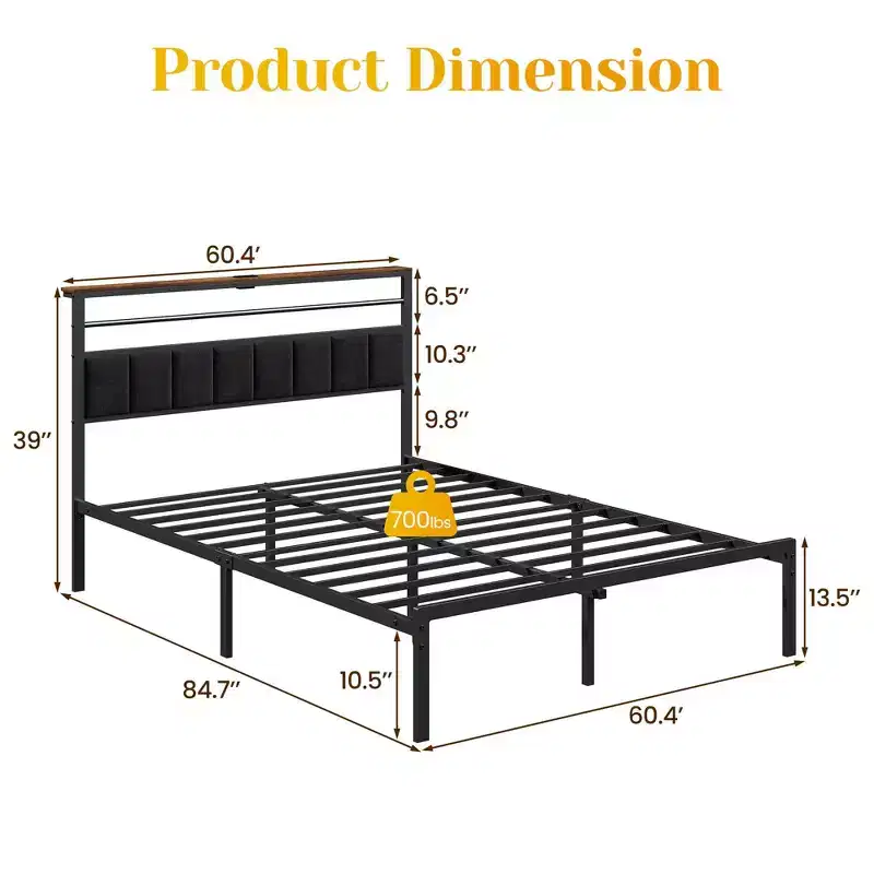 Queen Size Bed Frame with Charging Station, Platform Bed with Metal Slats, Upholstered Headboard with Storage Shelves, No Box Spring Needed
