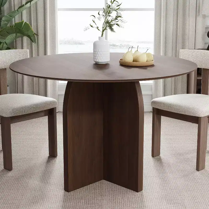 PexFix 45 x45 Solid Wood Round Dining Table with Walnut Finish and Elegant Arched Legs for Modern Dining Rooms & Kitchens