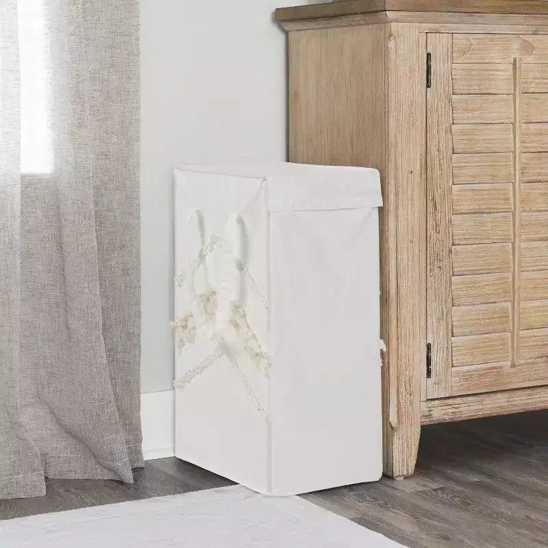 Foldable Laundry Hamper with Lid & Handles, Boho Fringe Canvas, 10 Gallon, Collapsible with Corner Rods, Ivory