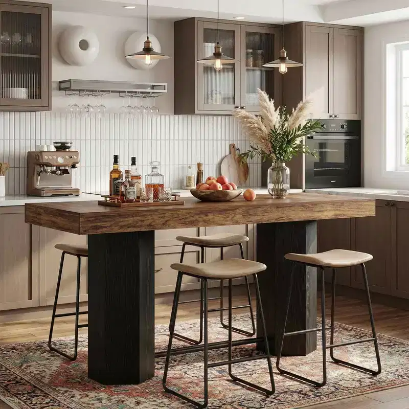 71 Industrial Bar Height Table, Walnut Woodgrain MDF Top 4-6 Person Home Bar Table with Hexagonal Base, 300lbs Capacity