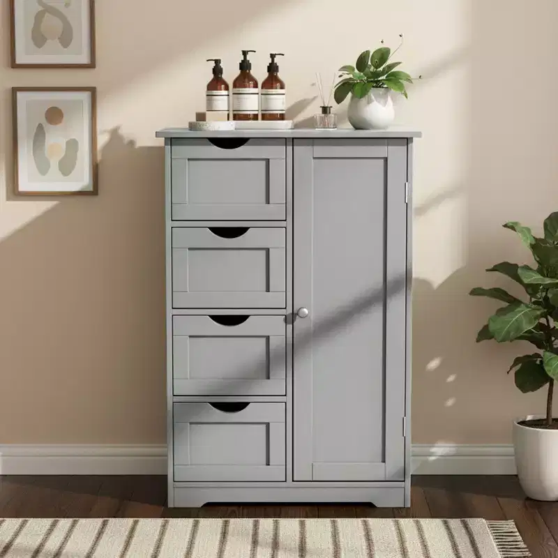 Gray Bathroom Storage Cabinet with 4 Drawers and 1 Door