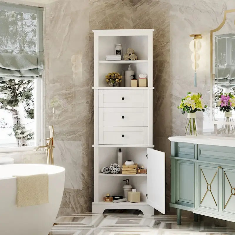 Triangle Tall Cabinet with 3 Drawers and Adjustable Shelves, MDF Board with Painted Finish